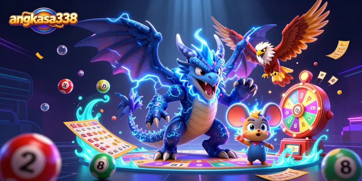 Experience thrilling gameplay with angkasa338, featuring fun lottery and casino elements in a vibrant scene.