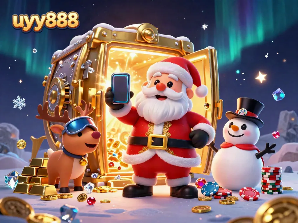 Experience the excitement of uyy888 with Santa celebrating jackpots and festive vibes in a vibrant casino.