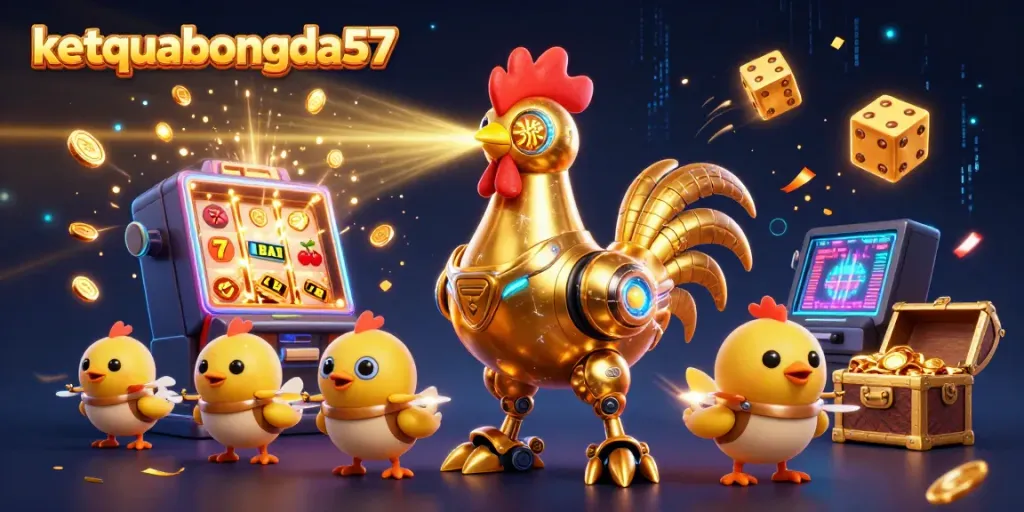 Watch ketquabongda57's golden rooster robot shoot laser beams in a vibrant 3D casino scene.