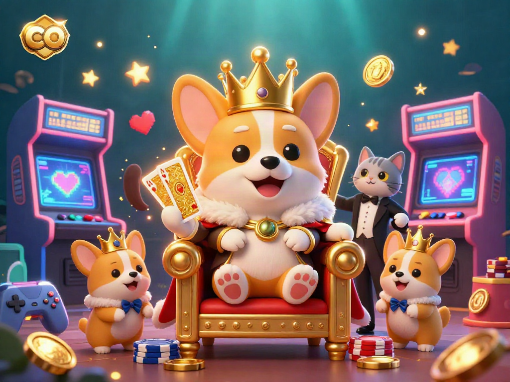 Win big with co at a vibrant casino, featuring crown-wearing corgi and cat butler presenting cards.