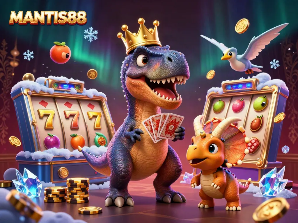 MANTIS88 showcases a lively scene of a T-Rex and Triceratops in a casino environment spinning slot reels and stacking chips.