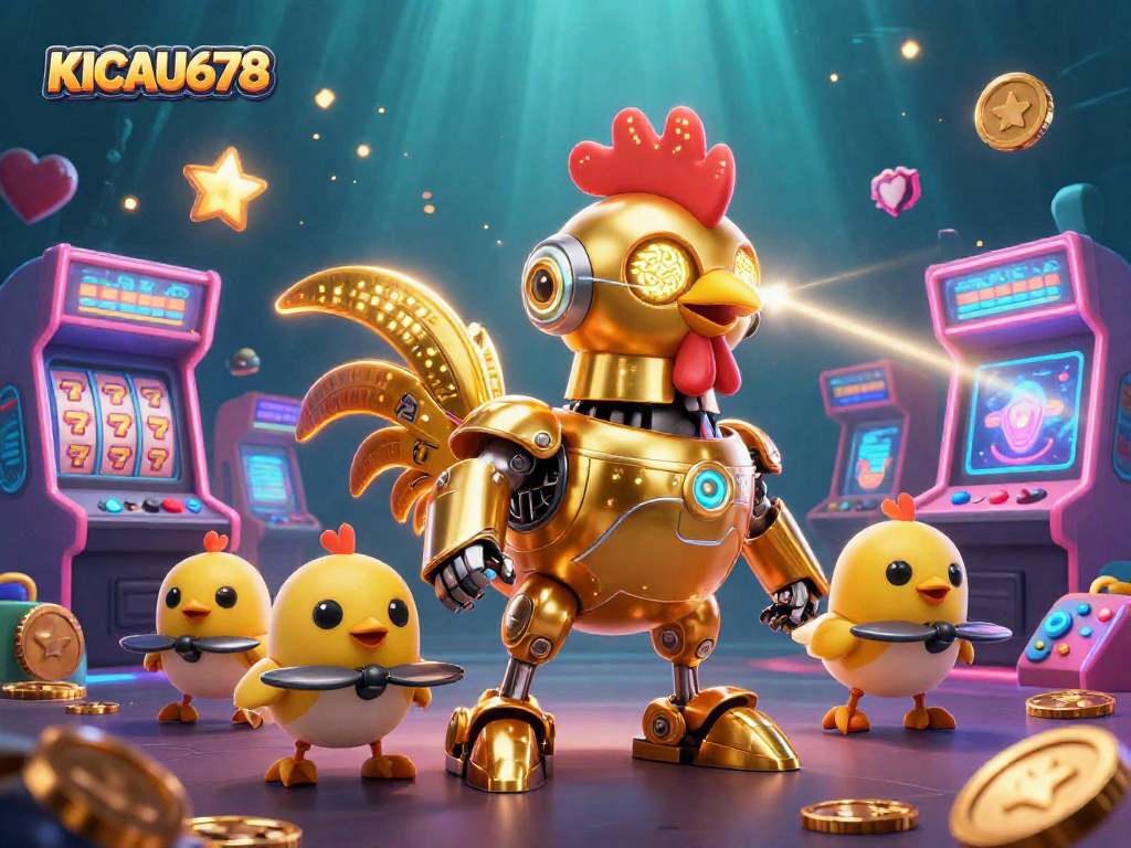 KICAU678 vibrantly illustrates online gambling excitement with a golden rooster robot navigating a colorful casino scene.
