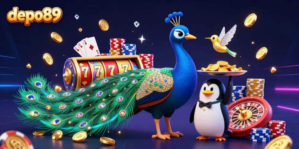 Experience thrilling moments at depo89 with colorful slot machines, golden coins, and energetic 3D characters.