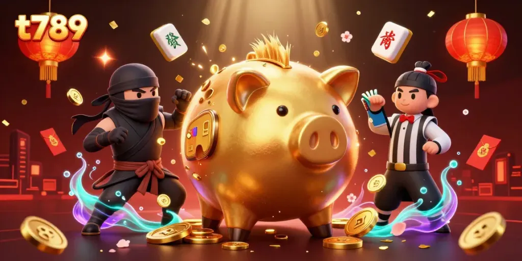 T789 action-packed illustration of a golden piggy bank wrestler, wallet-ninja, and credit-card referee amid vibrant casino elements