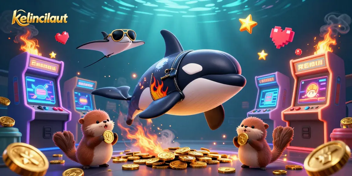 Experience the excitement of kelincilaut as the orca whale jumps over 3D arcade game machines filled with emblems of fortune.