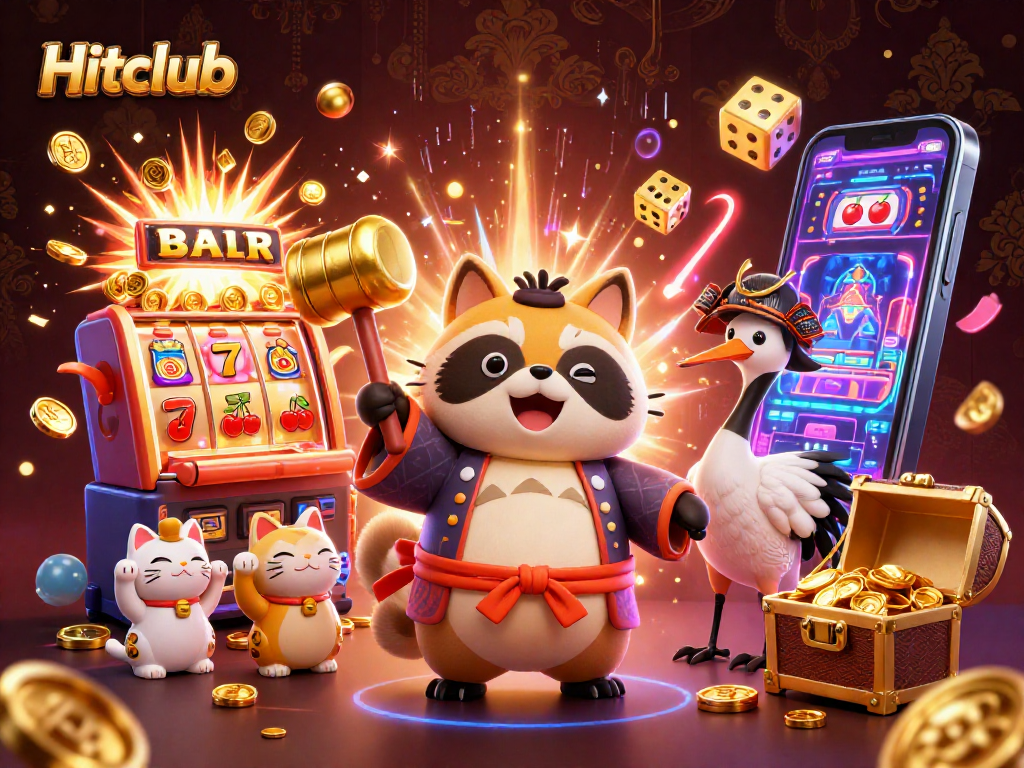 Hitclub showcases a vibrant slot machine jackpot scene with cheerful characters, exciting game elements, and vivid energy.