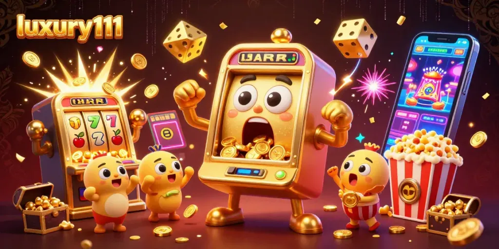 Experience thrilling wins with luxury111 as the animated slot machine hits the jackpot.