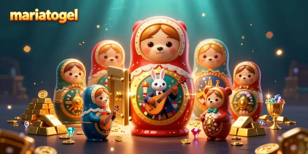 Experience excitement with mariatogel in a vibrant 3D casino scene featuring playful bears and treasures.