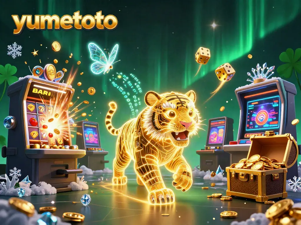 Experience yumetoto's vibrant digital casino space featuring a golden tiger, slot machine, and colorful game elements.