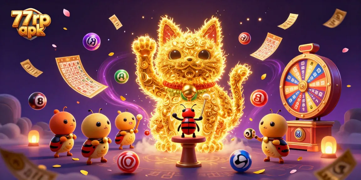 Experience the thrill with 77rp apk as golden fireflies celebrate winning moments in a vibrant casino scene.