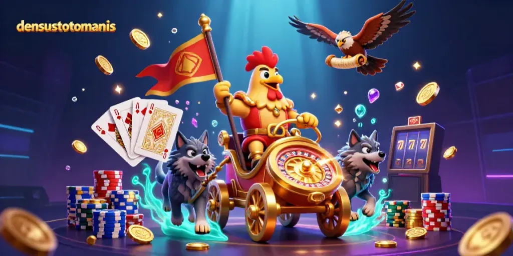 Experience thrilling wins at densustotomanis with an exciting scene featuring a rooster warlord and iconic gambling elements.