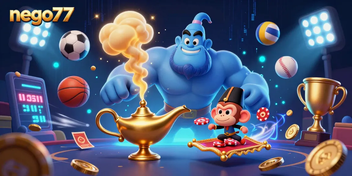 Nego77 brings thrilling casino adventures with dynamic sports balls and a genie in a magical illustration.