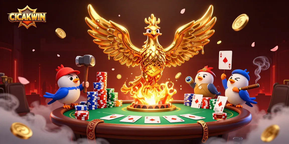 CICAKWIN showcases an impressive golden phoenix and poker elements in a vibrant casino scene.