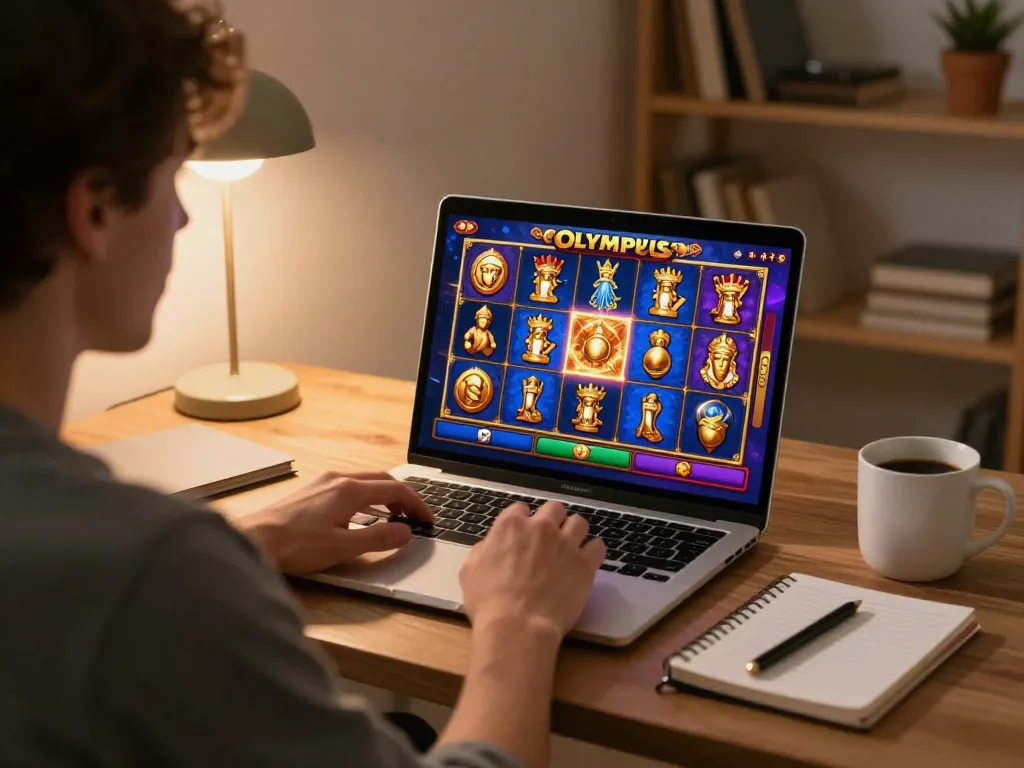 Person playing slot olympus on a laptop at home, with strategic notes visible.