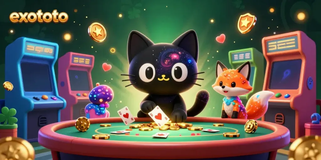 Slot gacor yang menarik di EXOTOTO, kombinasi kucing hitam yang unik dan permainan kasino digital.