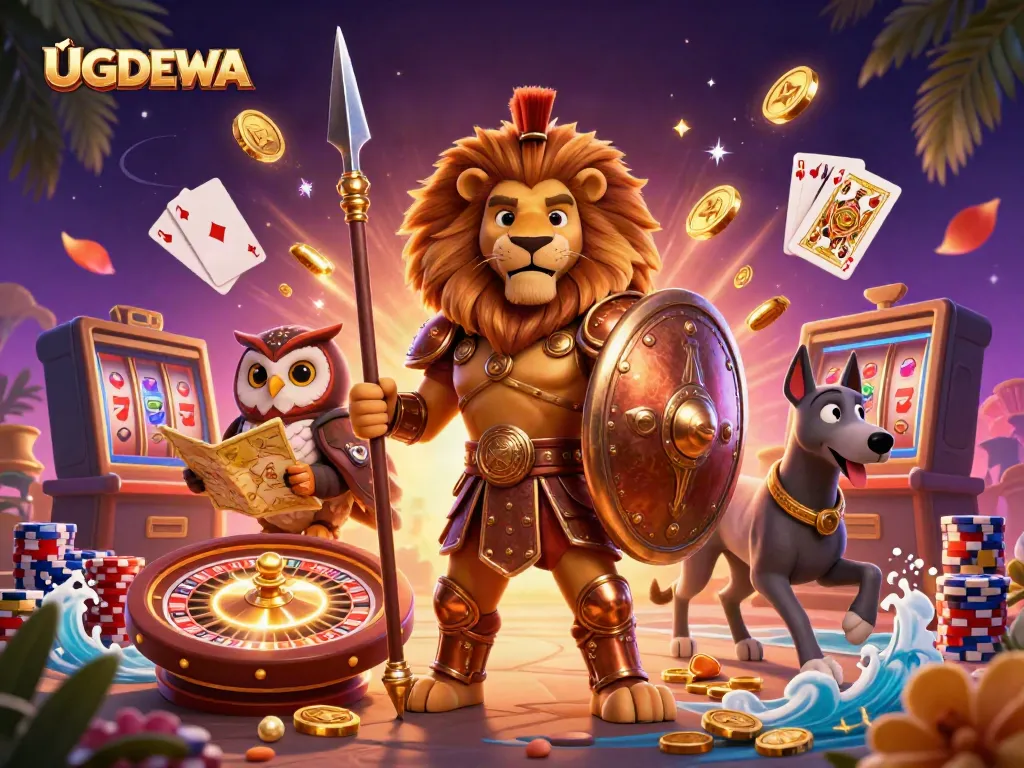 UGDEWA brings exciting gameplay with a 3D Spartan lion, owl strategist, and greyhound messenger surrounded by casino elements.
