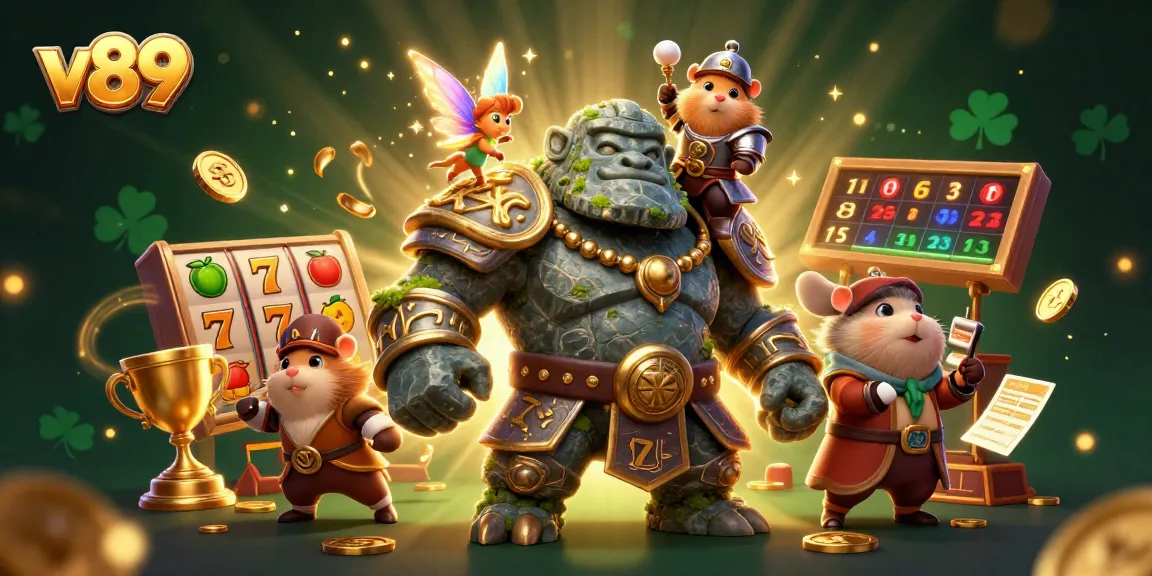 Menangkan permainan slot di v89 dengan golem penjaga dan peri ajaib dalam ilustrasi yang menakjubkan.