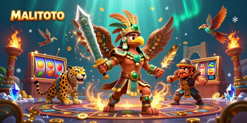 Experience the thrill of MALITOTO with Aztec warriors and vibrant slot elements in this immersive 3D rendering.