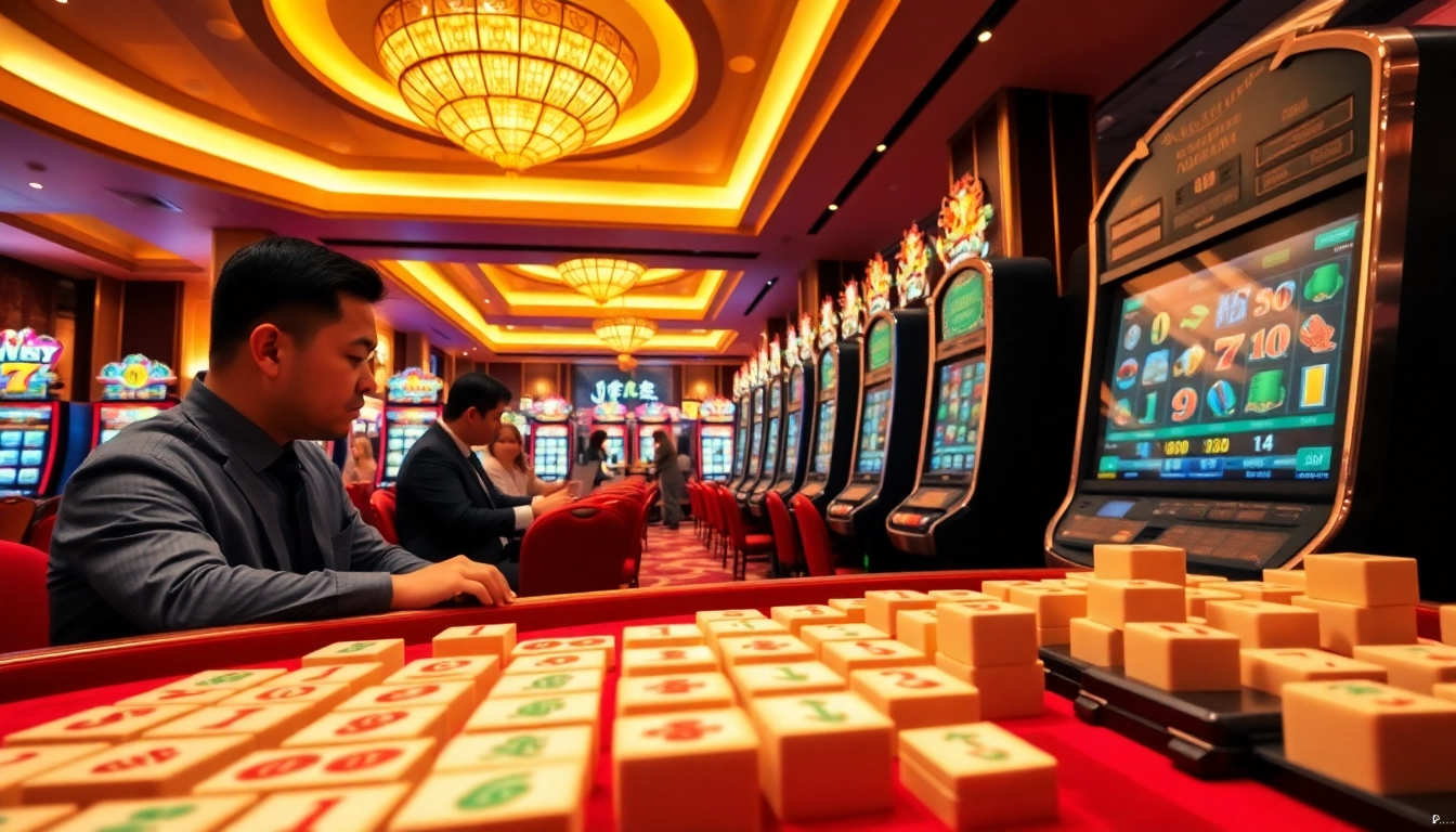 Slot mahjong gameplay excitement dengan warna cerah dan atmosfer kasino yang mengundang.