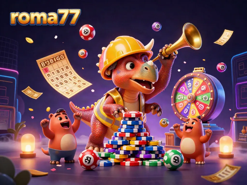 Permainan judi roman 77 dengan triceratops membangun tumpukan chip poker dan karakter ceria.
