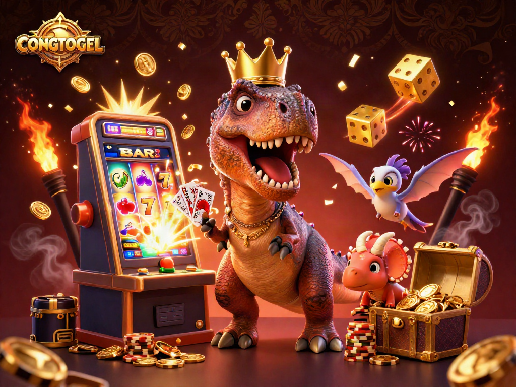 Engage with CONGTOGEL’s fun casino adventure featuring a T-Rex, pterodactyl, and triceratops with vibrant game elements.