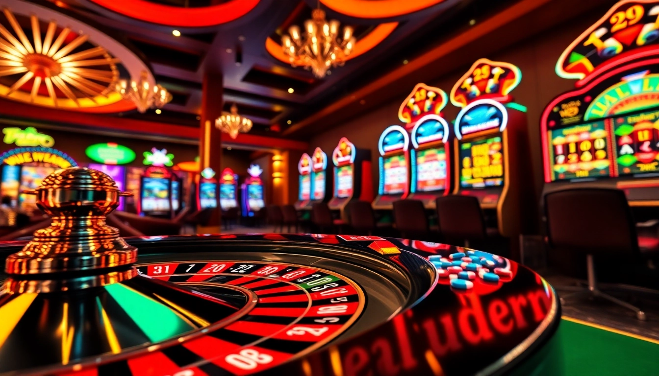 Captivating casino scene showcasing the depo 25 bonus 29 offer with vibrant roulette, poker chips, and immersive slot machines.