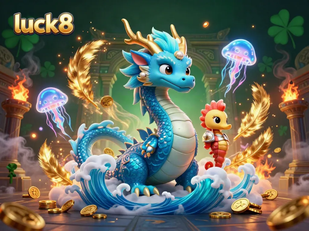 Engaging scene of luck8 featuring an azure dragon, seahorse knight, and jellyfish amidst casino elements.