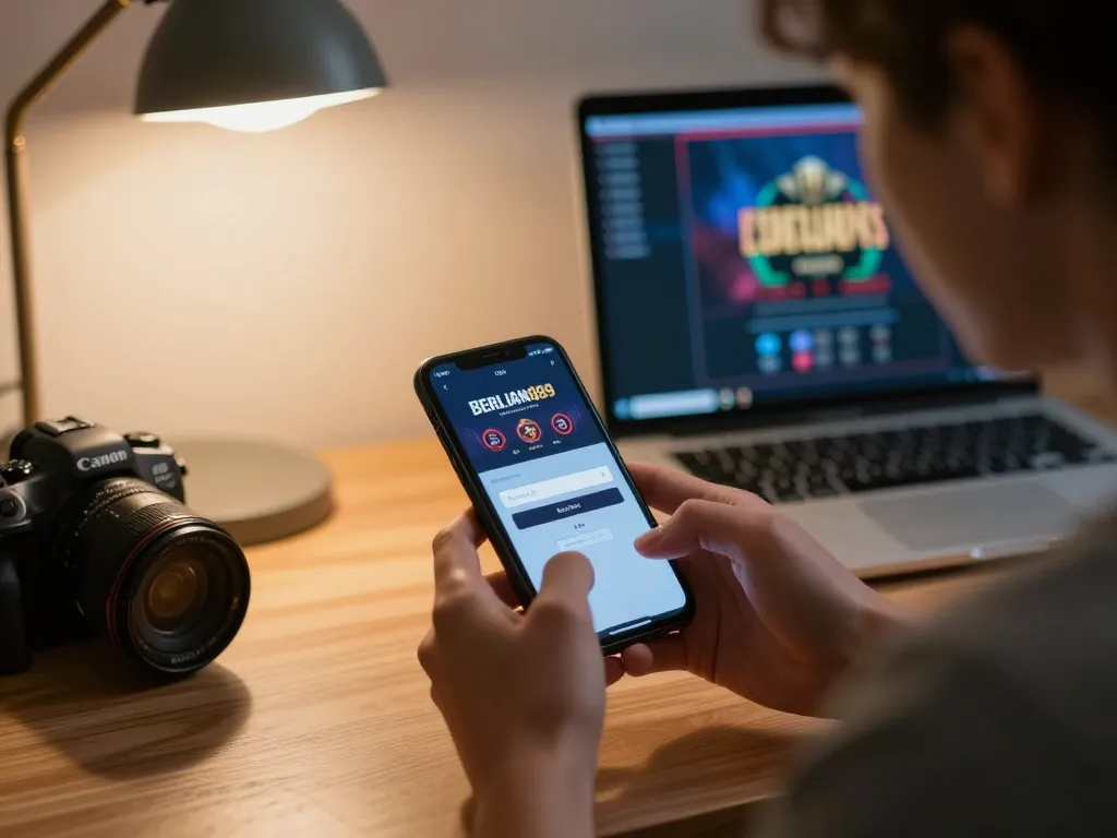 Engaging with the BERLIAN889 Login interface on a smartphone in a cozy gaming setup, showcasing strategic gaming.