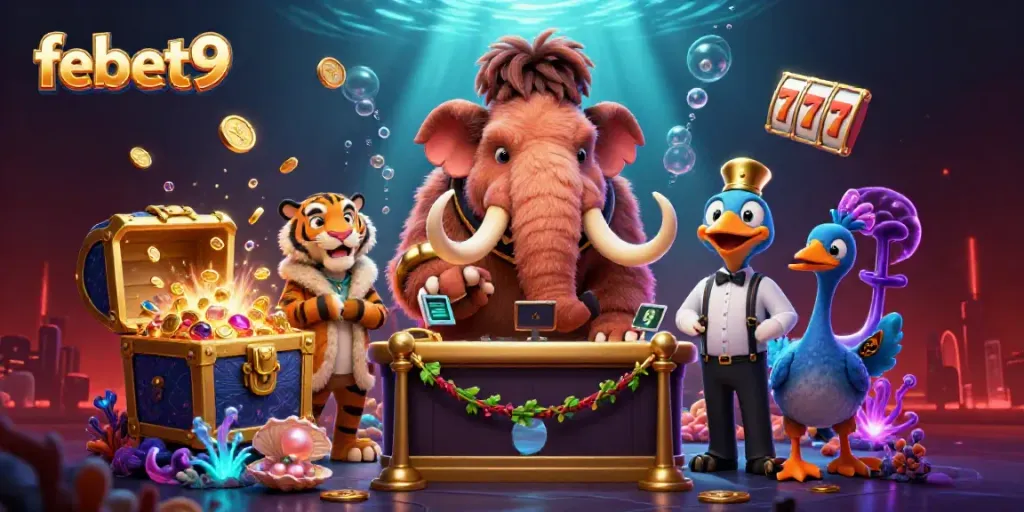 Experience the vibrant world of febet9 with dynamic casino characters amidst treasure and vibrant colors.