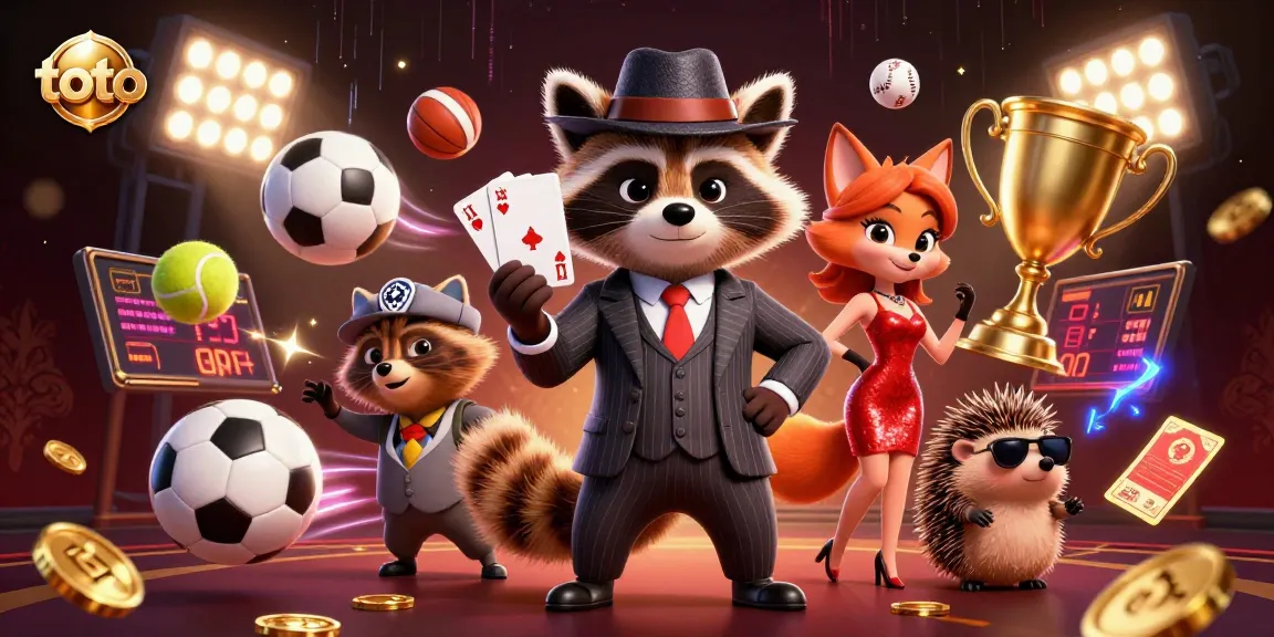 Raccoon ahli kartu toto dalam perayaan judi dengan piala emas dan bola olahraga yang terbang.