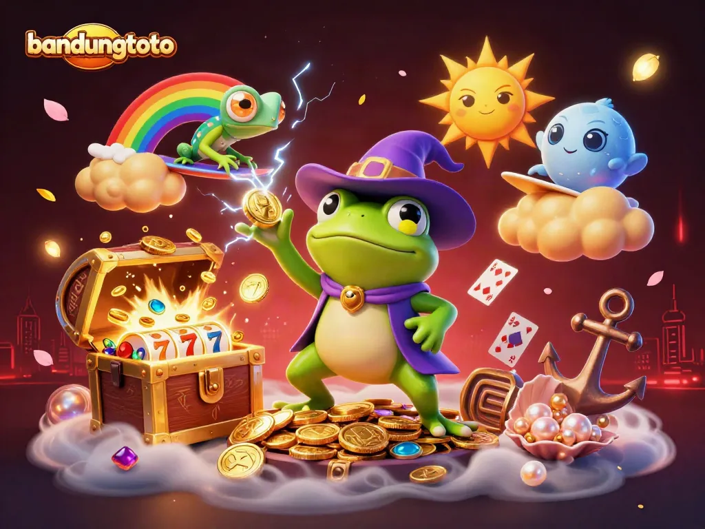 Engage in gaming with BANDUNGTOTO as a colorful storm of coins and casino elements surround a wizard frog and chameleon.