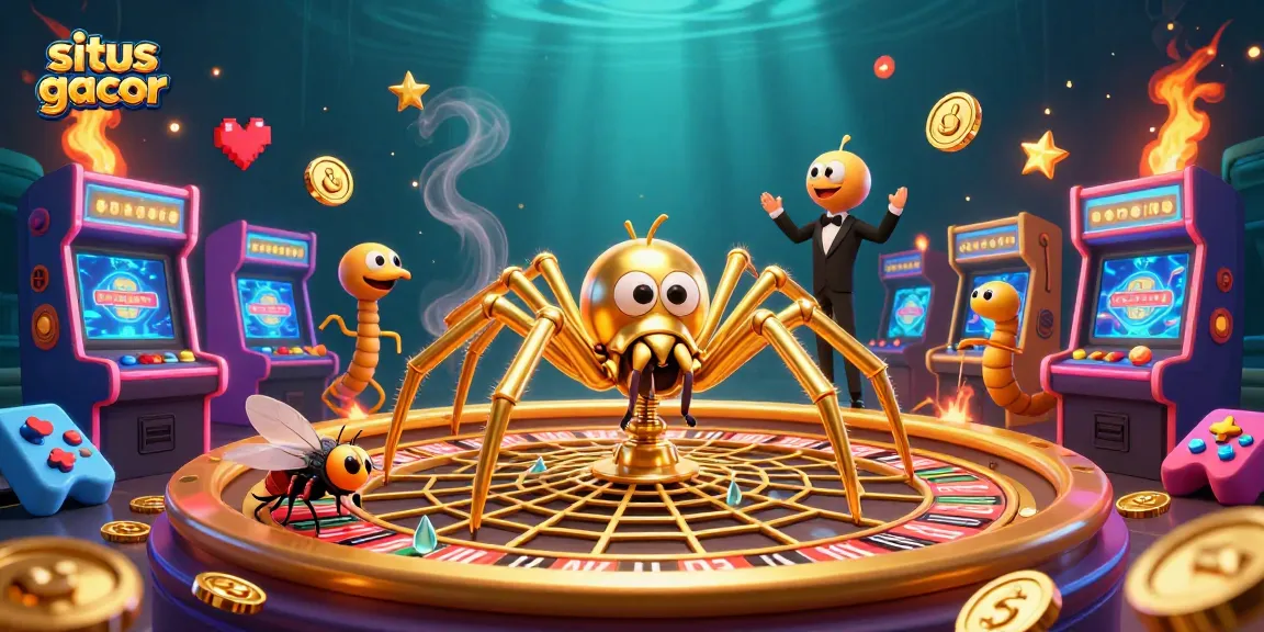 Place bets at situs gacor with the golden spider and centipede croupier amid vibrant arcade elements.