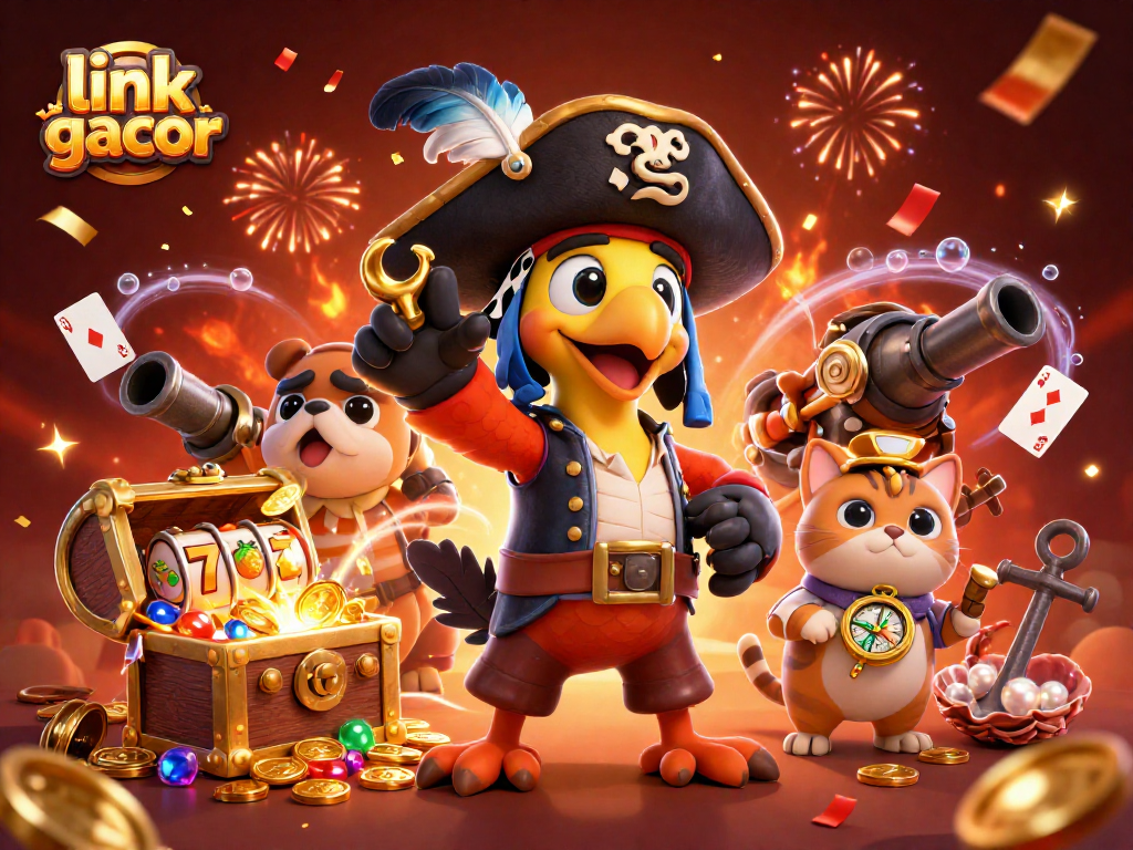 Win big with link gacor slots in a vibrant 3D pirate-themed casino scene.