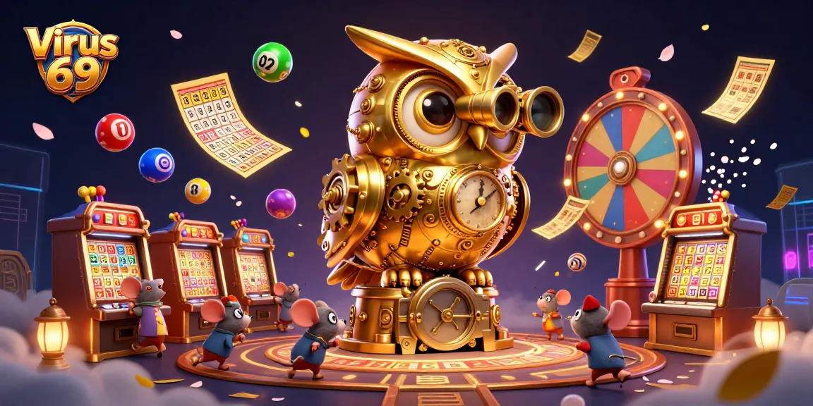 Engage with Virus 69's vibrant online casino atmosphere featuring a golden owl, slot machines, and dynamic lottery elements.