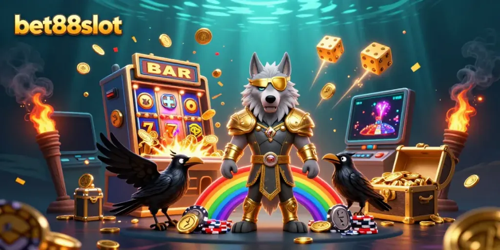 Experience thrilling wins at bet88slot with this vibrant casino-themed illustration featuring Odin and more.