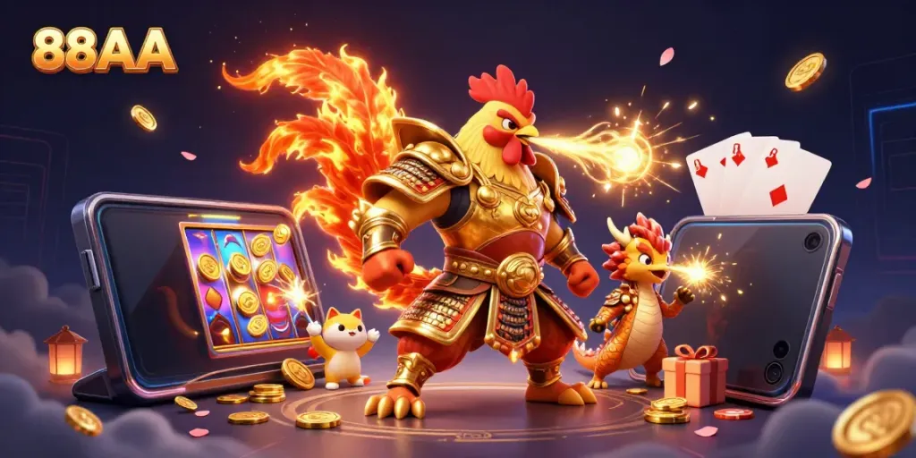 88AA's powerful cartoon rooster warrior leads a dazzling casino scene with games and excitement.