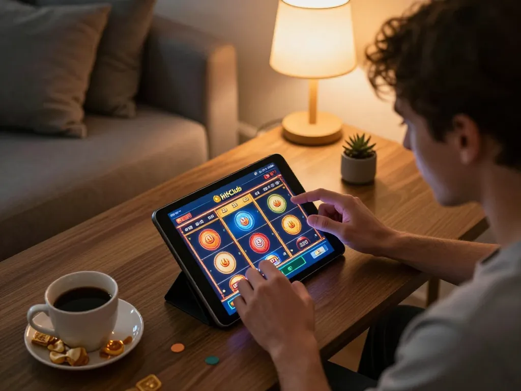 Hitclub online gaming session showing a player seated comfortably, focused on their tablet.