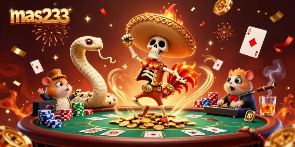 Gambarkan keseruan mas233 dengan kerangka mariachi dan makhluk lain, penuh koin dan kartu poker