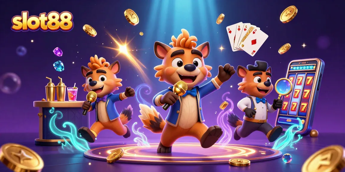Menyaksikan slot88 di kasino kartun dengan hyena, koin emas, dan kartu terbang