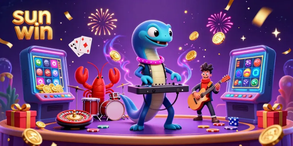 Experience the vibrant underwater casino scene with sun win, featuring dynamic 3D characters and lively game elements.