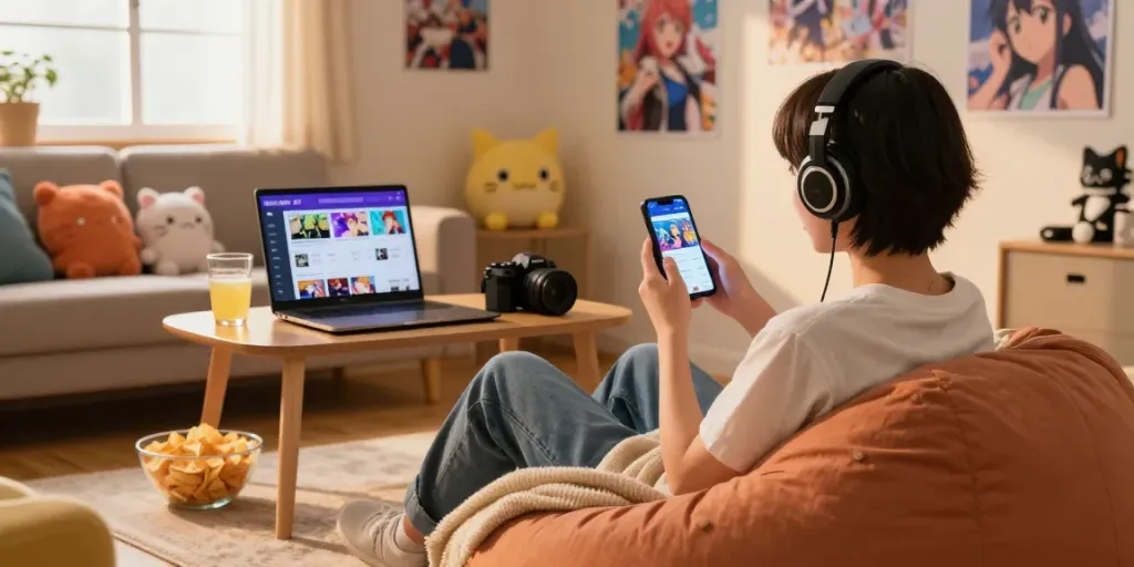 Kucing APK streaming di ruang tamu nyaman dengan pengguna menikmati anime.
