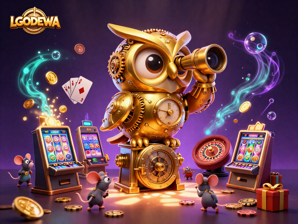 Spin to win with LGODEWA's golden owl and lively mice in a vibrant casino scene.