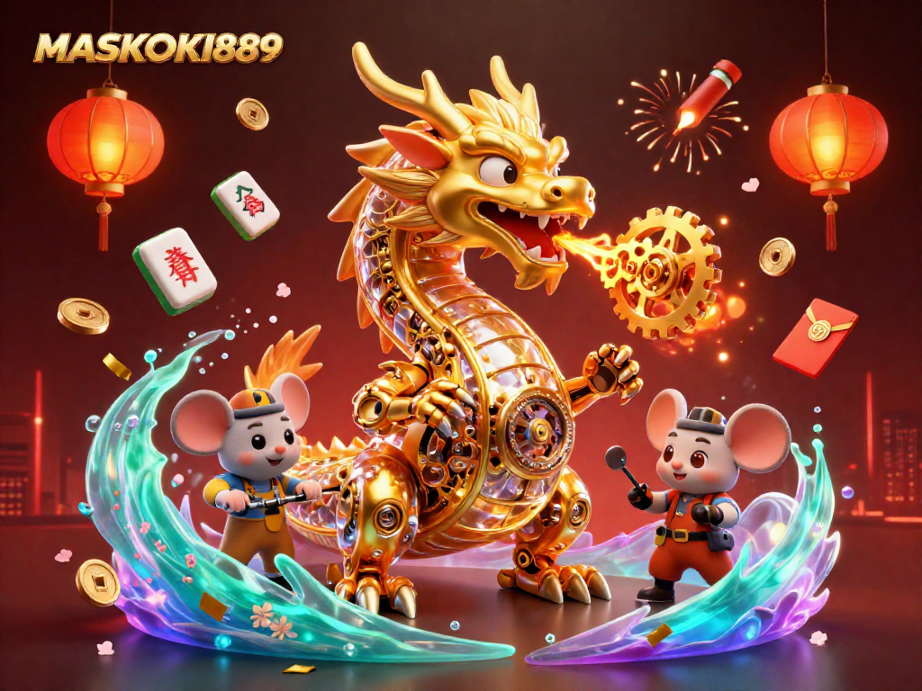 Experience exciting gameplay with MASKOKI889 as the golden dragon breathes gears and cogs in a vibrant casino setting.
