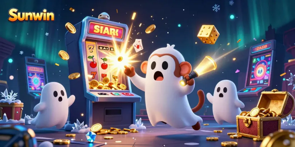 Experience excitement at Sunwin with a whimsical scene of golden treasures and playful characters in a haunted casino.
