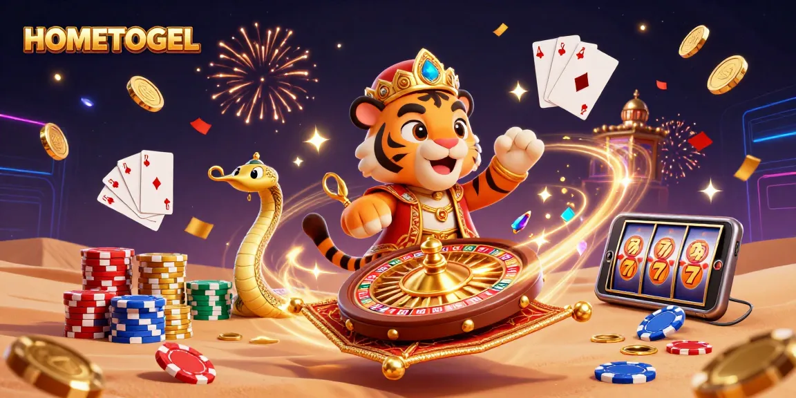 Engage in thrilling gameplay with HOMETOGEL, featuring a vibrant 3D casino scene full of excitement.