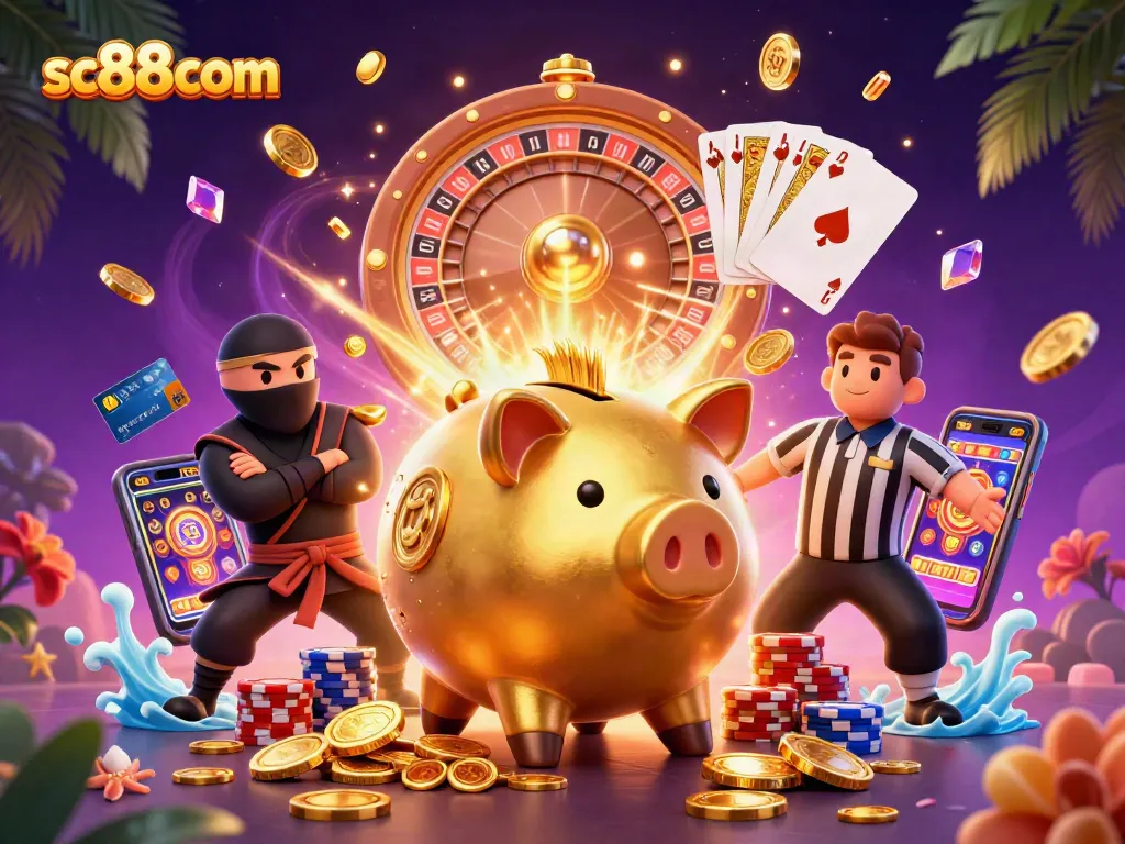 Engage with the thrilling SC88com casino scene, showcasing the dynamic golden piggy bank and exciting game elements.