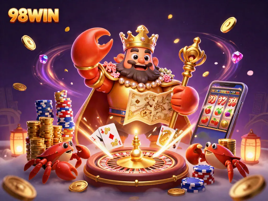 98WIN showcases a vibrant casino scene with a golden crab emperor surrounded by flying coins.