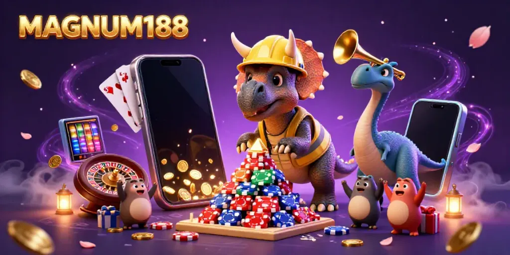 Experience MAGNUM188 with a vibrant 3D illustration celebrating gaming excitement and jackpots.