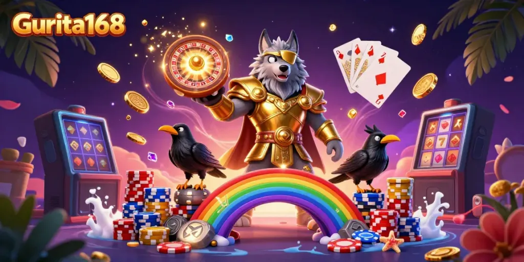 Gurita168 menampilkan slot online, jackpot, dan karakter Odin dalam ilustrasi kasino yang memukau.