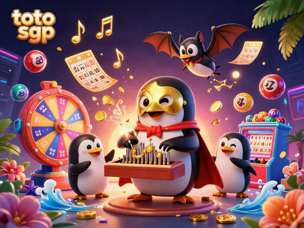 Aksi menarik dari togel dengan toto sgp dan bola lotere berwarna-warni di tengah penguin